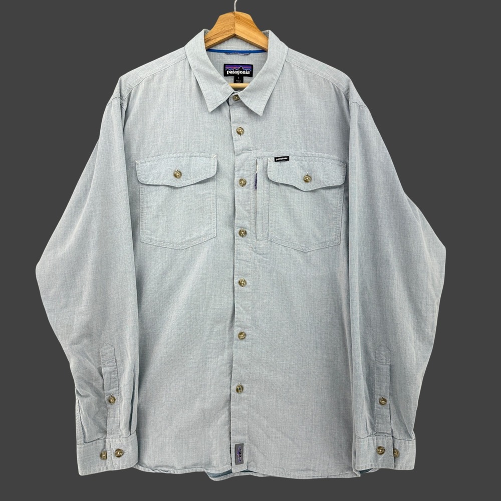 Patagonia Light Blue Hemp Blend Stealth Stream Long Sleeve Button Shirt Mens L - Picture 2 of 11